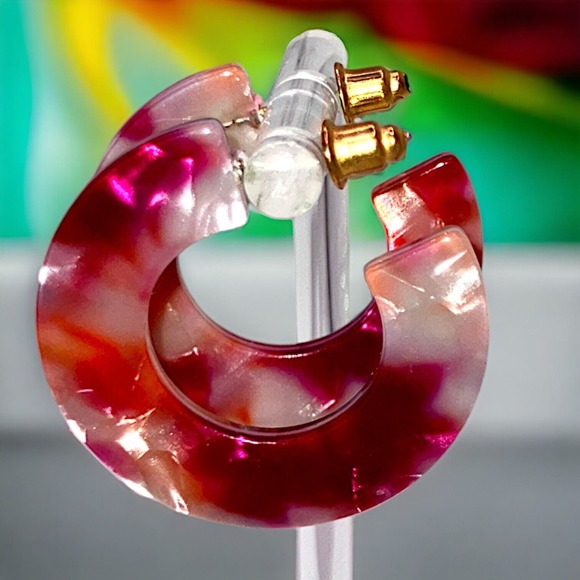 Pink White Mosaic Resin Hoop 1 5/8" Earrings! - Picture 1 of 10